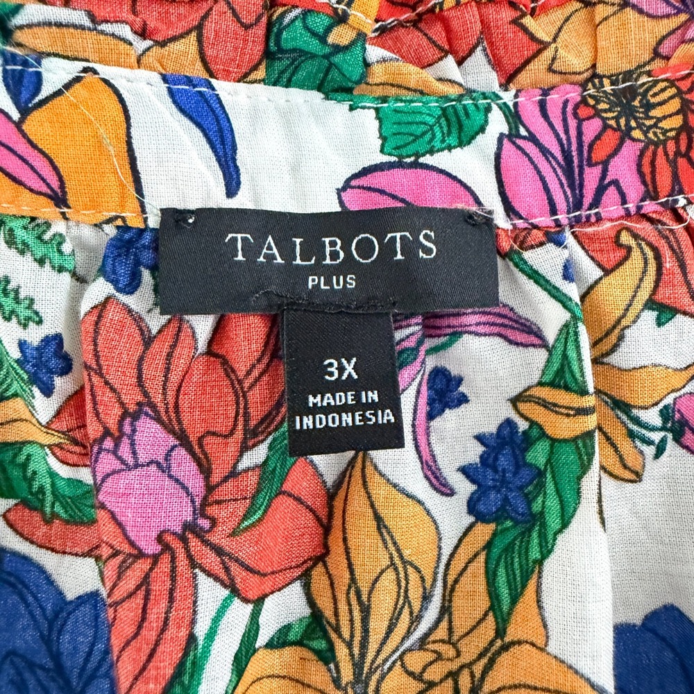 Talbots Blissful Floral Print Popover 3X White Multi Smocked Cuff Boho Blouse - Picture 5 of 9